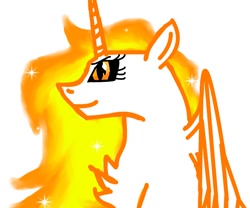 Size: 1200x1000 | Tagged: safe, artist:goldlines005, derpibooru import, daybreaker, alicorn, pony, eyelashes, horn, mane of fire, missing accessory, simple background, smiling, solo, white background, wings