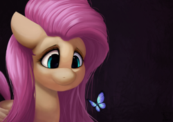 Size: 4092x2893 | Tagged: safe, artist:jojomero, derpibooru import, fluttershy, butterfly, pegasus, pony, bust, female, folded wings, high res, looking at something, looking down, mare, solo, three quarter view, wings