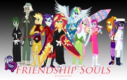 Size: 1024x643 | Tagged: safe, artist:featherbook, derpibooru import, adagio dazzle, applejack, clover the clever, discord, fluttershy, pinkie pie, rainbow dash, rarity, sci-twi, sunset shimmer, twilight sparkle, siren, fanfic:friendship souls, equestria girls, armor, bleach (manga), clothes, crossover, fanfic, fanfic art, female, hat, humane five, humane seven, humane six, kimono (clothing), looking at you, pinkamena diane pie, shield, sword, tail, walking on water, weapon, wings