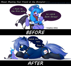 Size: 2048x1897 | Tagged: safe, artist:movieskywalker, derpibooru exclusive, derpibooru import, oc, oc only, oc:dark straw, oc:frozen light, bat pony, hybrid, pony, succubus, succubus pony, zony, bat wings, belt, black underwear, blue hair, clothes, cowboy hat, cowgirl, duo, female, golden eyes, hat, jewelry, lingerie, looking at each other, macro/micro, necklace, panties, red eyes, rope, sexy, shirt, shocked, simple background, size difference, socks, t-shirt, underwear, white background, wings, zony oc