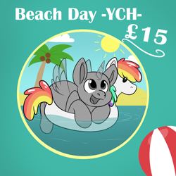 Size: 5000x5000 | Tagged: safe, artist:rokosmith26, derpibooru import, alicorn, earth pony, pegasus, pony, unicorn, advertisement, advertising, commission, commission info, description is relevant, floaty, happy, looking up, open mouth, palm tree, simple background, solo, spread wings, sun, text, tree, water, wings, ych example, your character here