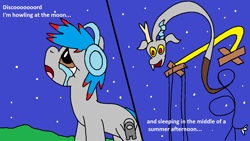 Size: 1280x720 | Tagged: safe, artist:squeaky-belle, derpibooru import, discord, oc, oc:the living tombstone, draconequus, earth pony, pony, 1000 hours in ms paint, aeroplanes and meteor showers, amogus, among us, are you frustrated?, crying, eurobeat, headphones, looking up, male, meme, ms paint, night, night sky, puppeteer, sky, smiling, song reference, stallion, stick figure