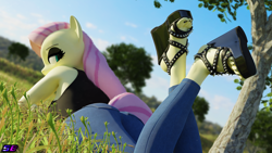 Size: 3840x2160 | Tagged: safe, artist:shadowboltsfm, derpibooru import, fluttershy, anthro, plantigrade anthro, 3d, 4k, adorasexy, black nail polish, blender, clothes, crossed legs, cute, eyelashes, eyeshadow, feet, fluttergoth, goth, high heels, jeans, looking at you, looking back, looking back at you, looking over shoulder, makeup, nail polish, not sfm, open-toed shoes, pants, sexy, shoes, solo, tanktop, the pose, toes