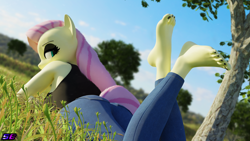 Size: 3840x2160 | Tagged: safe, artist:shadowboltsfm, derpibooru import, fluttershy, anthro, plantigrade anthro, 3d, 4k, adorasexy, barefoot, black nail polish, blender, clothes, crossed legs, cute, eyelashes, eyeshadow, feet, fluttergoth, goth, jeans, looking at you, looking back, looking back at you, looking over shoulder, makeup, nail polish, not sfm, pants, sexy, solo, tanktop, the pose, toes