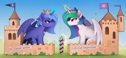 Size: 2900x1350 | Tagged: safe, artist:yakovlev-vad, derpibooru import, princess celestia, princess luna, alicorn, pony, angry, cardboard, castle, crown, cute, duo, eye contact, female, frown, glowing horn, grumpy, horn, jewelry, looking at each other, madorable, magic, mare, paper crown, pouting, pouty lips, regalia, royal sisters, s1 luna, sibling rivalry, siblings, sisters, sitting, telekinesis