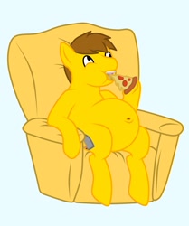Size: 2000x2396 | Tagged: safe, artist:deathtoaster, derpibooru import, oc, oc:johnny, pony, armchair, belly, belly button, big belly, commission, fat, food, obese, pizza, sitting, stuffing