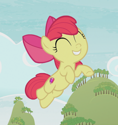 Size: 447x475 | Tagged: safe, derpibooru import, screencap, apple bloom, earth pony, pony, going to seed, adorabloom, apple bloom's bow, bow, cropped, cute, eyes closed, female, filly, hair bow, jumping, solo, sweet apple acres, teeth