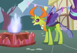 Size: 513x354 | Tagged: safe, derpibooru import, screencap, starlight glimmer, thorax, changedling, changeling, pony, unicorn, triple threat, behaving like a moth, cropped, duo, female, fire, king thorax, male, offscreen character, smiling, solo, stare