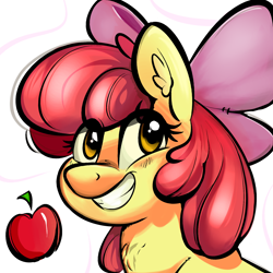 Size: 1600x1600 | Tagged: safe, artist:zapplebow, derpibooru import, apple bloom, earth pony, apple, bust, ear fluff, ears, female, filly, food, portrait, smiling, solo