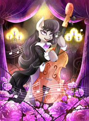 Size: 2109x2843 | Tagged: safe, artist:invidiata, derpibooru import, octavia melody, earth pony, pony, bipedal, bowtie, candle, cello, female, flower, hoof hold, mare, music notes, musical instrument, rose