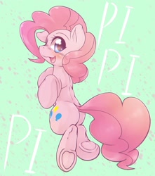 Size: 1810x2048 | Tagged: safe, artist:kurogewapony, derpibooru import, pinkie pie, earth pony, pony, balloonbutt, blushing, butt, cute, diapinkes, female, floating, frog (hoof), green background, happy, looking at you, looking back, looking back at you, mare, open mouth, open smile, simple background, smiling, smiling at you, solo, text, underhoof