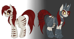 Size: 4975x2626 | Tagged: safe, artist:rorrek, derpibooru import, oc, oc:rampage, earth pony, fallout equestria, fallout equestria: project horizons, armor, barbed wire, claws, fanfic art, golden eyes, gradient background, multiple angles, reference sheet, slasher smile, solo, stripes