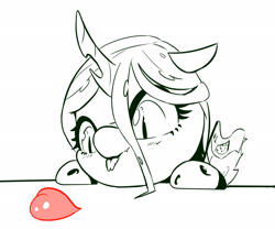 Size: 3000x2500 | Tagged: safe, artist:naafreelanceartist, derpibooru import, queen chrysalis, changeling, changeling queen, changeling feeding, chibi, cute, cutealis, eyes on the prize, female, heart, monochrome, solo, tongue, tongue out