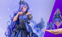 Size: 990x600 | Tagged: safe, derpibooru import, princess luna, alicorn, human, pony, blue background, clothes, dress, female, holding, human coloration, human ponidox, humanized, kotobukiya, kotobukiya princess luna, official, self ponidox, simple background