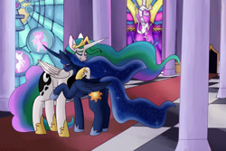 Size: 1280x853 | Tagged: safe, artist:thatpinksphinx, derpibooru import, princess celestia, princess luna, alicorn, pony, a royal problem, commission, eyes closed, female, hug, mare, royal sisters, sibling love, siblings, sisterly love, sisters, smiling, stained glass window, swapped cutie marks