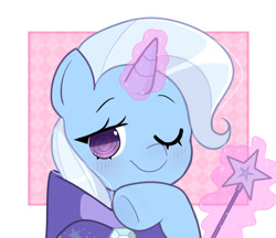 Size: 562x485 | Tagged: safe, artist:franshushu, derpibooru import, trixie, pony, unicorn, blushing, cute, diatrixes, looking at you, magic wand, one eye closed, solo, wink