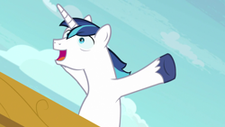 Size: 1280x720 | Tagged: safe, derpibooru import, screencap, shining armor, pony, unicorn, once upon a zeppelin, season 7, airship, cute, male, open mouth, shining adorable, solo, stallion, zeppelin