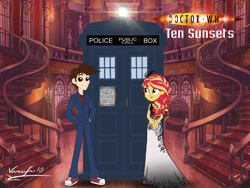 Size: 1280x960 | Tagged: safe, artist:edcom02, artist:tsundra, artist:vanossfan10, derpibooru import, doctor whooves, sunset shimmer, equestria girls, ballroom, black dress, blazer, clothes, converse, david tennant, doctor who, dress, logo, necktie, shirt, shoes, tardis, tenth doctor, title card, trousers