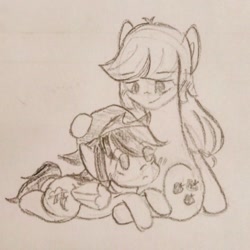 Size: 640x640 | Tagged: safe, artist:snowzaaah, derpibooru import, applejack, rainbow dash, earth pony, pegasus, pony, appledash, appledashdailydoodles, doodle, female, lesbian, monochrome, pencil drawing, shipping, sketch, traditional art