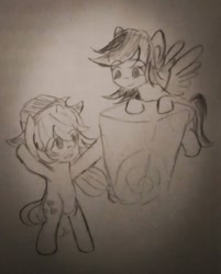 Size: 640x796 | Tagged: safe, artist:snowzaaah, derpibooru import, applejack, rainbow dash, earth pony, pegasus, pony, appledash, appledashdailydoodles, bipedal, chinese, doodle, female, lesbian, monochrome, pencil drawing, shipping, sketch, traditional art