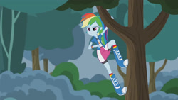 Size: 3410x1920 | Tagged: safe, derpibooru import, screencap, rainbow dash, equestria girls, friendship games, pinkie spy (short), boots, clothes, cutie mark, cutie mark on clothes, female, high res, shoes, smiling, solo, tree