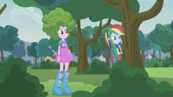 Size: 3410x1920 | Tagged: safe, derpibooru import, screencap, pinkie pie, rainbow dash, equestria girls, friendship games, pinkie spy (short), boots, clothes, cutie mark, cutie mark on clothes, female, high res, shoes, smiling