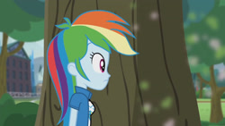 Size: 3410x1920 | Tagged: safe, derpibooru import, screencap, rainbow dash, equestria girls, friendship games, pinkie spy (short), clothes, cutie mark, cutie mark on clothes, female, high res, solo, tree