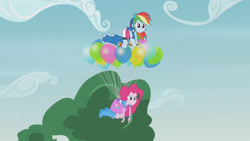 Size: 3410x1920 | Tagged: safe, derpibooru import, screencap, pinkie pie, rainbow dash, equestria girls, friendship games, pinkie spy (short), balloon, boots, cartoon physics, clothes, cute, cutie mark, cutie mark on clothes, diapinkes, female, floating, grin, high res, pinkie being pinkie, pinkie physics, shoes, smiling, then watch her balloons lift her up to the sky