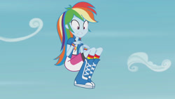 Size: 3410x1920 | Tagged: safe, derpibooru import, screencap, rainbow dash, equestria girls, friendship games, pinkie spy (short), boots, clothes, cutie mark, cutie mark on clothes, female, high res, shoes, sky, solo