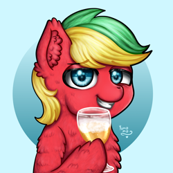 Size: 3000x3000 | Tagged: safe, artist:yumomochan, derpibooru import, oc, alcohol, beer, blue eyes, bust, commission, ear fluff, ears, fluffy, male, portrait, smiling, stallion, teeth, teeth grinding, two color hair