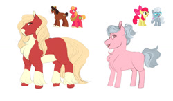 Size: 1280x745 | Tagged: safe, artist:vintage-rec, derpibooru import, apple bloom, big macintosh, silver spoon, trouble shoes, oc, earth pony, pony, applespoon, chest fluff, coat markings, female, filly, gay, lesbian, magical gay spawn, magical lesbian spawn, male, offspring, parent:apple bloom, parent:big macintosh, parent:silver spoon, parent:trouble shoes, parents:applespoon, parents:troublemac, shipping, simple background, socks (coat marking), stallion, troublemac, unshorn fetlocks, white background