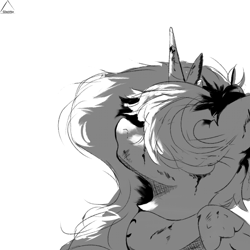 Size: 1024x1024 | Tagged: safe, artist:glazirka, derpibooru import, princess luna, alicorn, blood, hair covering face, hidden eyes, meme, monochrome, simple background, solo, tokyo ghoul, white background