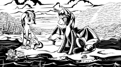 Size: 4256x2364 | Tagged: safe, artist:lexx2dot0, derpibooru import, oc, oc only, oc:blackjack, oc:stygius, bat pony, pony, unicorn, fallout equestria, fallout equestria: project horizons, bat pony oc, black and white, clothes, duo, fanfic art, grayscale, horn, monochrome, pipbuck, small horn