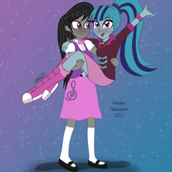 Size: 1000x1000 | Tagged: safe, artist:hatakeclarissa, derpibooru import, octavia melody, sonata dusk, equestria girls, blushing, duo, female, holding, lesbian, shipping, sontavia