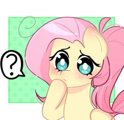 Size: 500x483 | Tagged: safe, artist:franshushu, derpibooru import, fluttershy, pegasus, pony, blushing, bust, cute, eyelashes, female, mare, question mark, solo, tail