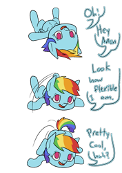 Size: 1000x1414 | Tagged: safe, artist:happy harvey, derpibooru import, rainbow dash, pegasus, pony, ass up, belly button, chest fluff, colored pupils, dialogue, drawn on phone, featureless crotch, female, flexible, implied anon, legs in air, legs over head, legs raised, looking at you, lying down, mare, offscreen character, open mouth, raised tail, simple background, smiling, smiling at you, solo, stretching, tail, transparent background