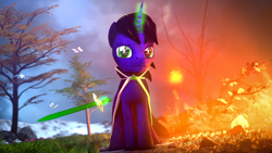 Size: 7680x4320 | Tagged: safe, artist:lagmanor, derpibooru import, oc, oc only, oc:lagmanor amell, butterfly, pony, unicorn, 3d, absurd resolution, barefoot, black mane, burning, cape, clothes, dirt, dirty, dirty feet, duality, facial scar, feet, fire, fireball, grass, grass field, holding, horn, looking at you, magic, male, mane, medallion, rock, scar, sky, solo, source filmmaker, spell, stallion, sword, telekinesis, tree, two sides, vignette, weapon