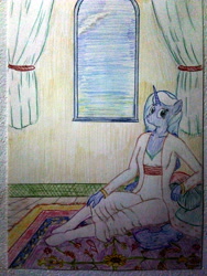 Size: 3120x4160 | Tagged: safe, artist:mildgyth, derpibooru import, princess luna, anthro, plantigrade anthro, alternate hairstyle, carpet, clothes, dress, pillow, socks, solo, traditional art, ziragshabdarverse