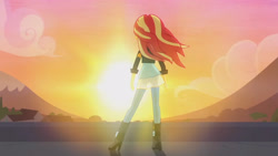 Size: 3410x1920 | Tagged: safe, derpibooru import, screencap, sunset shimmer, equestria girls, my past is not today, rainbow rocks, boots, canterlot high, clothes, female, high heel boots, high res, jacket, leather, leather jacket, shoes, solo, sun