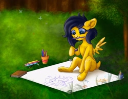 Size: 1920x1493 | Tagged: safe, artist:drops-of-blood, derpibooru import, oc, oc only, pegasus, pony, colored pencils, drawing, female, forest, heart eyes, mouth hold, nose piercing, piercing, solo, wingding eyes