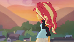 Size: 3410x1920 | Tagged: safe, derpibooru import, screencap, sunset shimmer, equestria girls, my past is not today, rainbow rocks, canterlot high, clothes, female, high res, jacket, leather, leather jacket, open mouth, solo