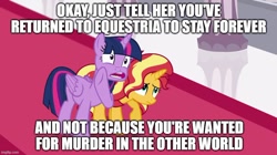 Size: 888x499 | Tagged: safe, derpibooru import, edit, edited screencap, screencap, sunset shimmer, twilight sparkle, twilight sparkle (alicorn), alicorn, pony, unicorn, better together, equestria girls, forgotten friendship, caption, duo, duo female, faic, female, mare, talking, text, this is a load of barnacles, this will end in prison