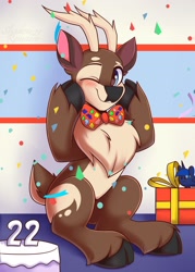 Size: 1500x2100 | Tagged: safe, artist:shadowreindeer, derpibooru import, oc, oc only, deer, reindeer, blushing, chest fluff, happy birthday, looking at you, male, sitting, smiling, smiling at you, solo