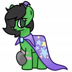 Size: 2048x2048 | Tagged: safe, artist:omelettepony, derpibooru import, oc, oc only, oc:anon filly, earth pony, amputee, cape, clothes, dystopian, eyepatch, female, filly, hat, prosthetic limb, prosthetics, raised hoof, raised leg, scar, simple background, solo, trixie's cape, trixie's hat, white background