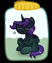 Size: 1722x2048 | Tagged: safe, artist:omelettepony, derpibooru import, oc, oc only, oc:nyx, alicorn, pony, dent, female, filly, jar, lewd container meme, solo, unamused