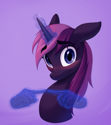 Size: 1096x1232 | Tagged: safe, artist:littmosa, derpibooru import, oc, oc only, oc:w, pony, unicorn, blushing, commission, eyebrows, eyebrows visible through hair, female, hand, looking at you, magic, magic hands, mare, shy, simple background, smiling, solo, ych result