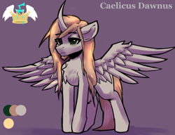 Size: 482x370 | Tagged: safe, artist:asme, derpibooru import, oc, oc only, oc:caelicus dawnus, alicorn, pony, undead, vampire, vampony, alicorn oc, bags under eyes, beard, chest fluff, color palette, colored background, crown, crystal, curved horn, cutie mark, ears, eyebrows, eyebrows visible through hair, facial hair, floppy ears, glowing mane, horn, jewelry, long mane, long tail, lowres, male, regalia, solo, spread wings, stallion, wings