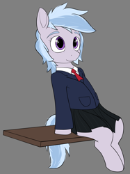 Size: 1422x1903 | Tagged: safe, artist:expression2, colorist:pinkberry, oc, oc:winter azure, earth pony, pony, butt freckles, clothes, colt, crossdressing, femboy, freckles, girly, male, school uniform, sitting, skirt, trap