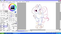 Size: 1280x720 | Tagged: safe, artist:khimi-chan, derpibooru import, oc, oc only, pony, unicorn, bow, female, hair bow, horn, lineart, mare, one eye closed, raised hoof, raised leg, unicorn oc, unshorn fetlocks, wink, wip