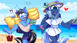 Size: 1920x1080 | Tagged: safe, artist:kinky_spy, derpibooru import, oc, oc only, oc:lunacy, oc:silver lining, pegasus, unicorn, beach, bucket, clothes, commission, dress, female, flower, hat, male, summer, swimming trunks, ych result